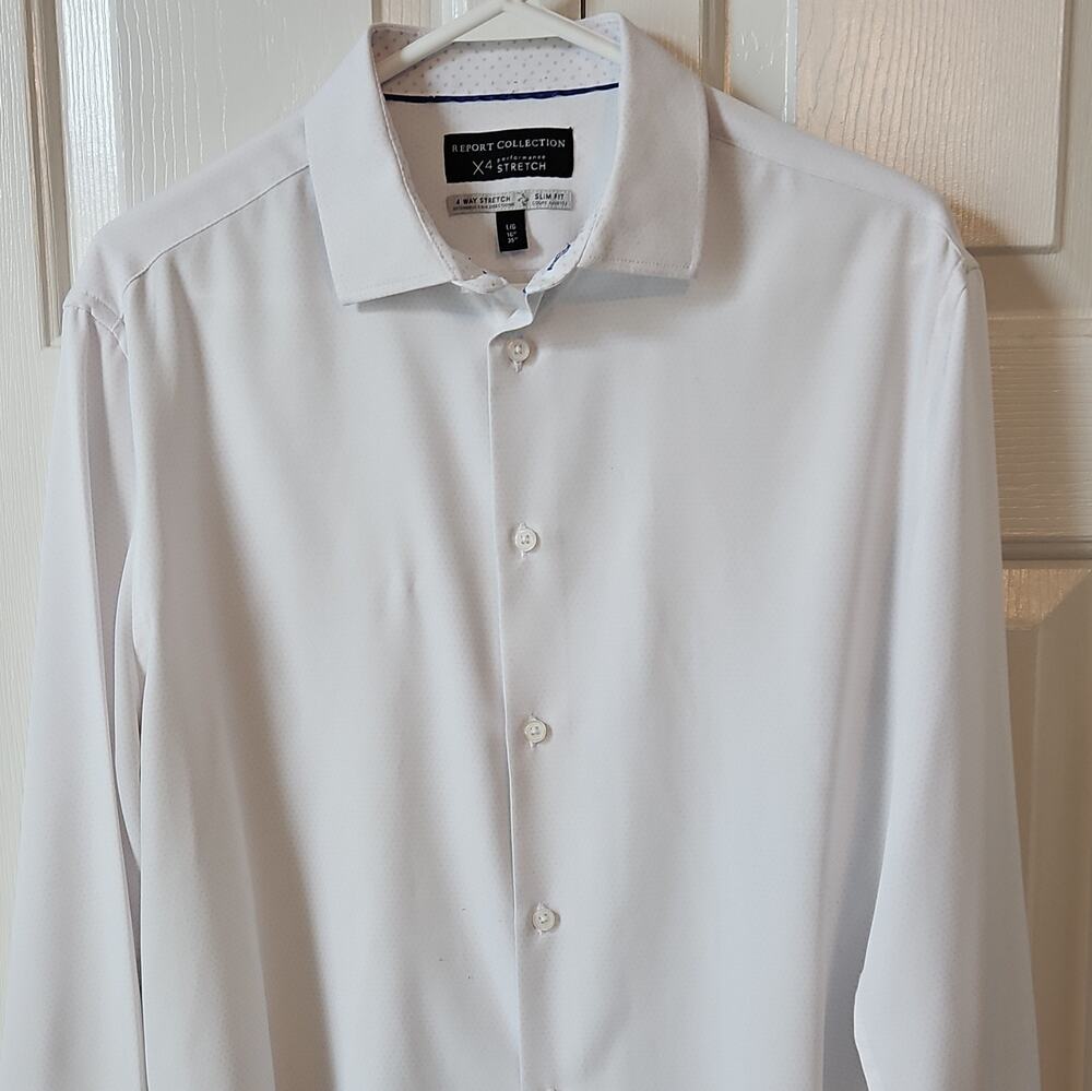 Report Collection X4 Stretch Slim Fit White Solid Dress Shirt 16 35 Long Sleeve